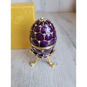 Miniature purple egg trinket box enameled hinge Easter home decor